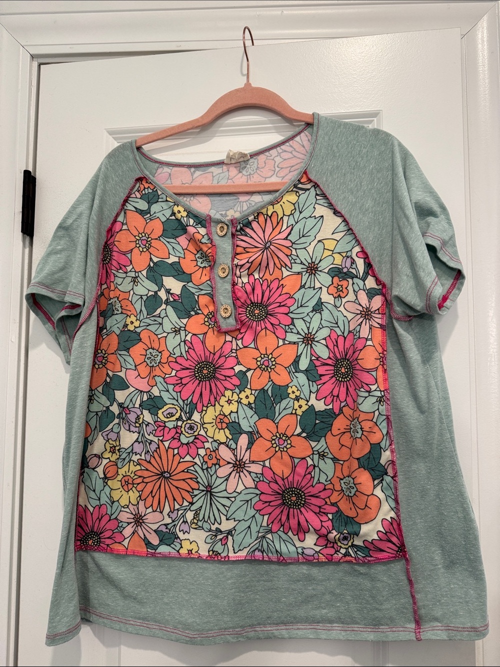 Lovely Melody Mint Raglan Tee with Pink & Orange Floral Panel